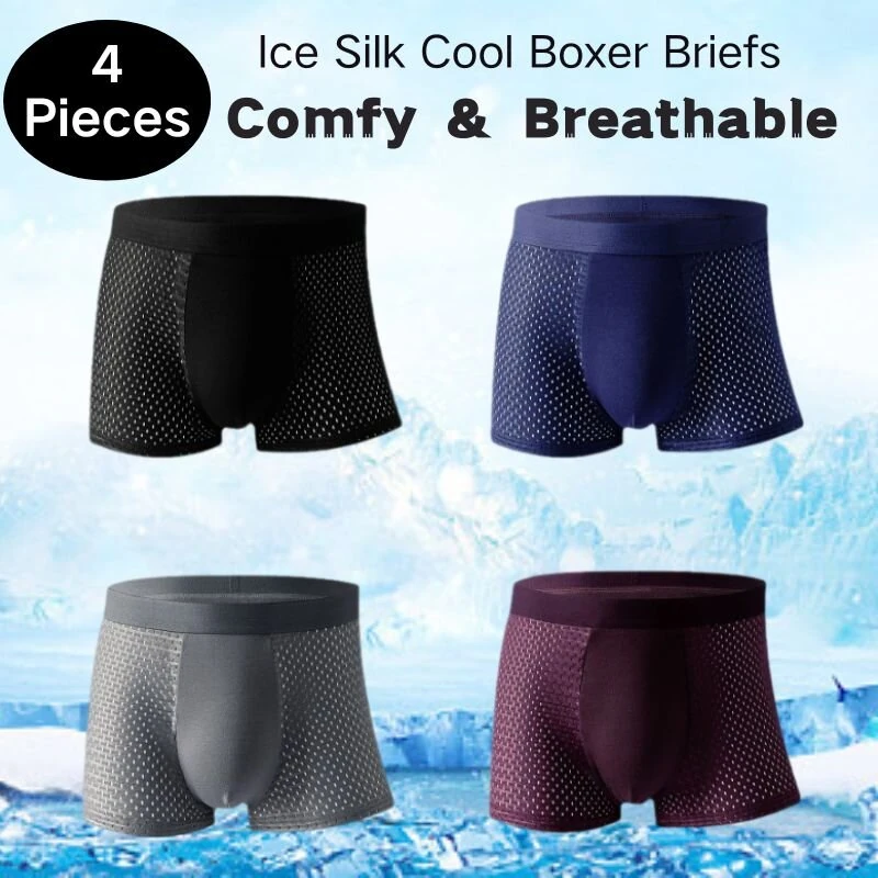 (image for) 4pcs Men's Ice Silk Mesh Boxer Briefs, Summer Thin Style Breathable Comfy Boxer Trunks, Elastic Sports Shorts, Men's Casual Underwear Daily Bottom Wear