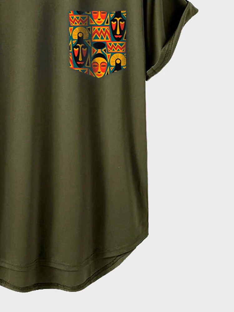 (image for) ChArmkpR Mens Ethnic Figure Face Print Patchwork Curved Hem Short Sleeve T-Shirts