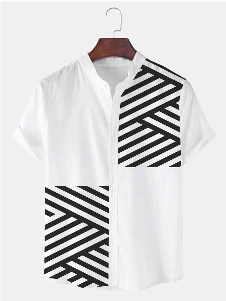 (image for) ChArmkpR Mens Striped Shirt Patchwork Stand Collar Casual Short Sleeve Casual Shirts