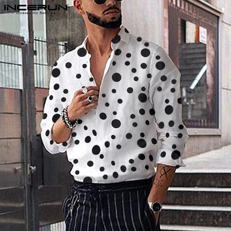 (image for) INCERUN Fashion Men Shirt Polka Dot Print Lapel Long Sleeve Casual Button Business Shirts Streetwear Handsome Camisas S-5XL