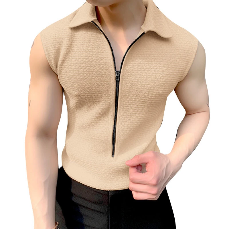 (image for) INCERUN Men Tshirts Male Comfy Lapel Sleeveless Zipper Blouse Streetwear Casual Solid Color T-Shirts Leisure Summer Round Neck Tee Tops