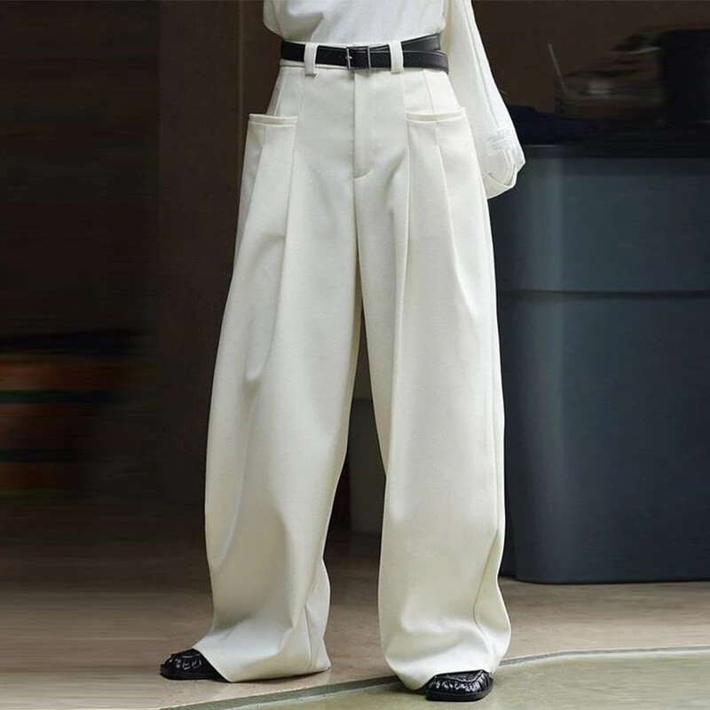 (image for) INCERUN Mens Solid Pleated Design Casual Straight Pants Casual Comfortable Wide Legged Long Pant with Pockets