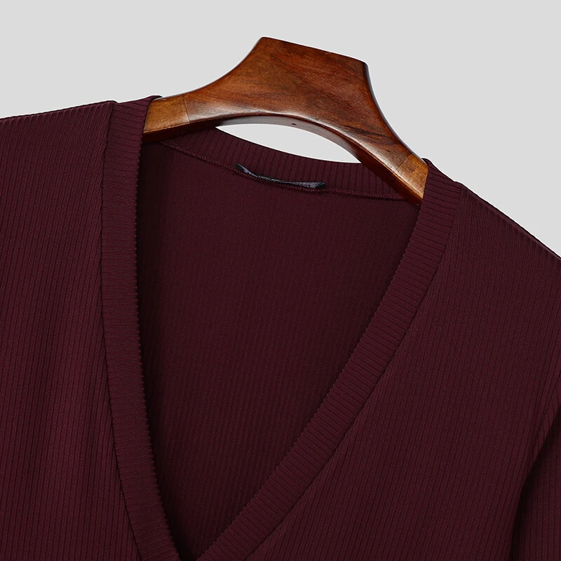 (image for) INCERUN Mens Striped Long Sleeve T-Shirt Knitted Solid Color Fashion Big V-neck Tshirt for Male S-5XL