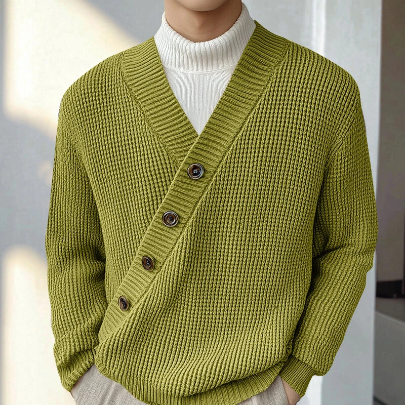 (image for) INCERUN Mens Textured Asymmetrical V-Neck Long-Sleeve Sweater Comfortable Solid Color Casual Fall Winter Top S-5XL