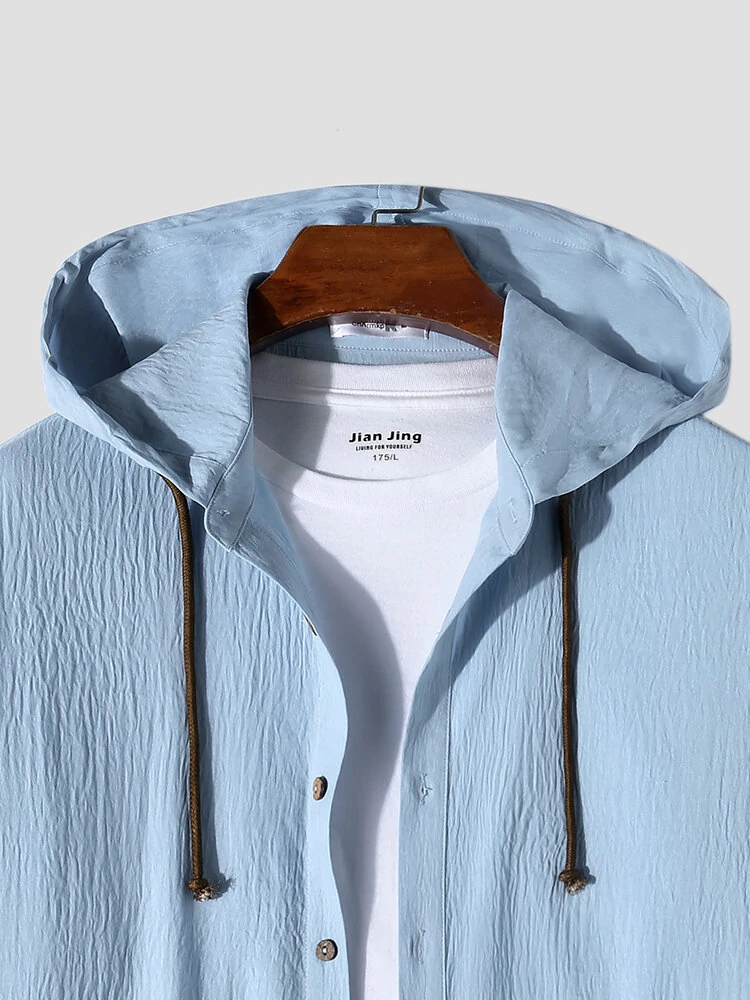 (image for) Mens Solid Button Up Long Sleeve Drawstring Hooded Shirts