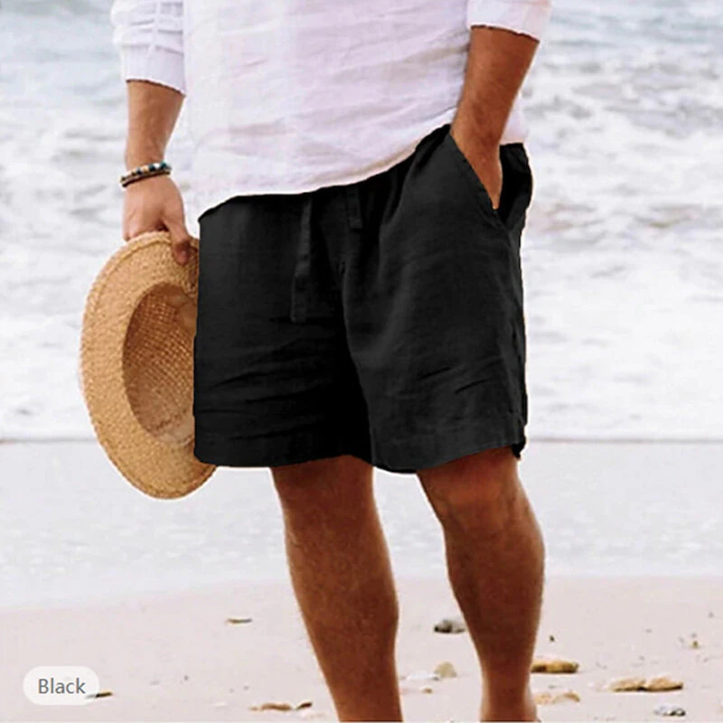 (image for) Men's Summer Cotton Linen Shorts Breathable Solid Black Drawstring Plus Size Beach Shorts Lightweight Casual Short Pants for Men Comfortable