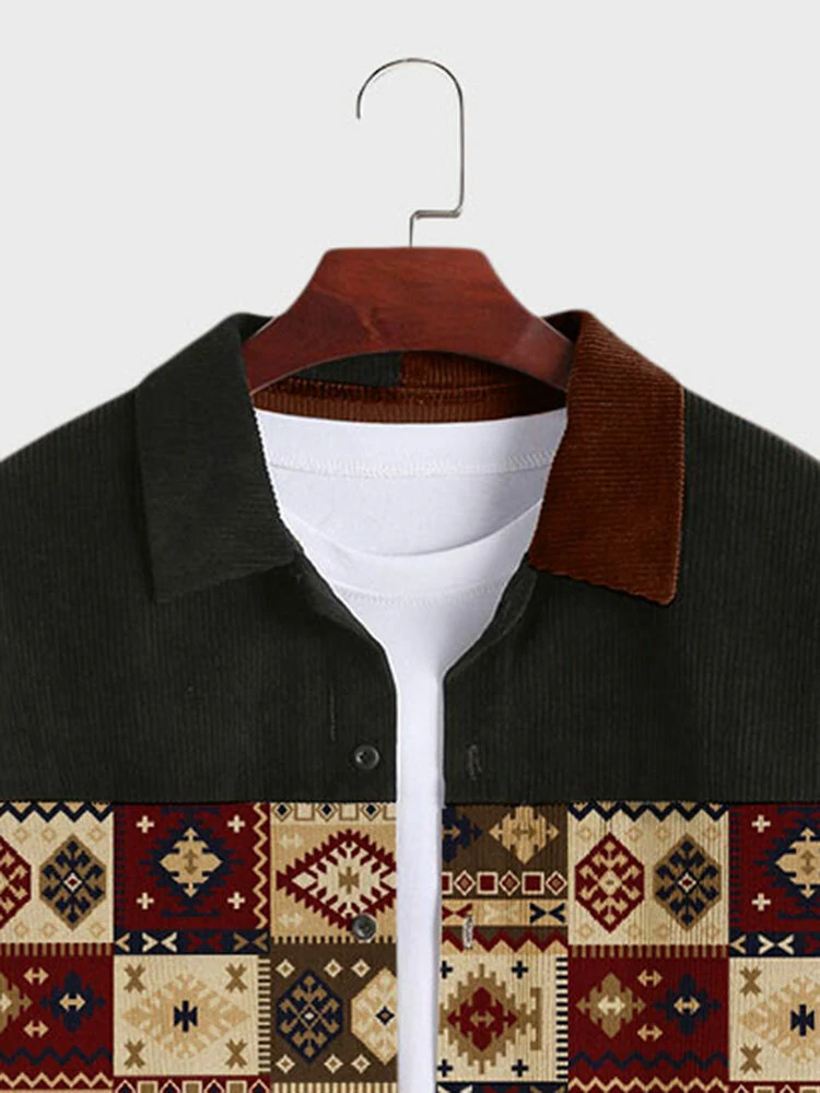 (image for) Mens Vintage Argyle Pattern Patchwork Ethnic Corduroy Long Sleeve Shirts